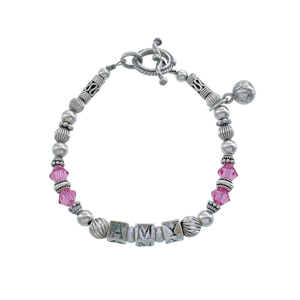 Estate Silver Tone Pink Crystal "Amy' Name Bracelet 6.75"
